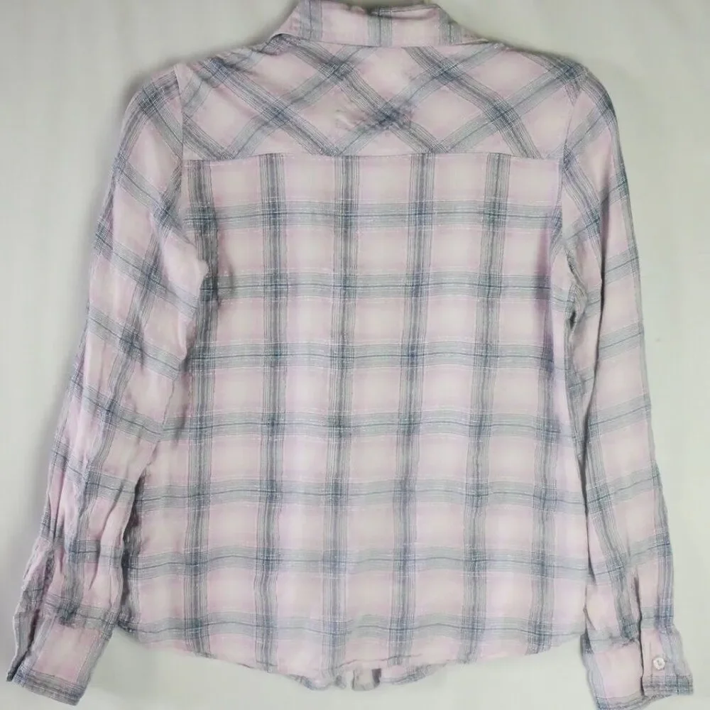 Justice Girls Size 16 Shirt Pink / Gray Plaid Long Sleeve Button Up